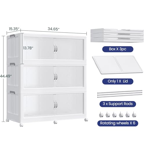 720QT Extra Large Stackable Storage Bins with Lid, 180Gal Plastic Closet Organizers and Storage Drawer, Collapsible Cabinet Box with Wheels Clear Doors for Home Kitchen Office, 3Pack White - size: 240QT
