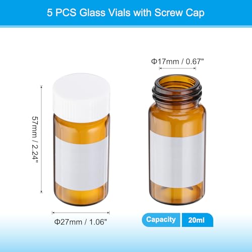 PATIKIL Small Glass Sample Bottles with Lids, 5 Pcs 20ml Amber Glass Vials with White Screw Caps Mini Leak Proof Reagent Sealed Bottles with Writing Label for Solid Liquid Powder Storage - color: White/Amber, size: 20ml