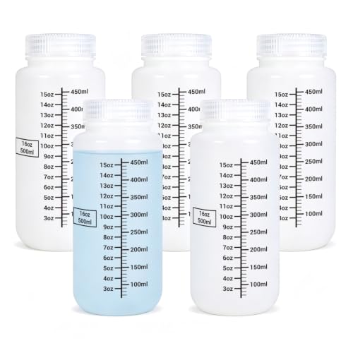 METAPACK 16 oz/500 ml Wide Mouth Plastic Bottles with Airtight Lids, Graduated Food Grade HDPE Sample Containers, Leakproof for Water, Lab Liquids, Medicine and Powder Storage, Translucent, 5 Pack - size: 16oz