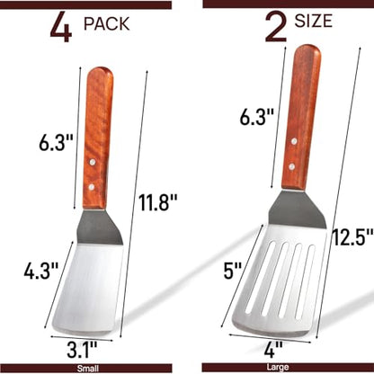 Pumtus 4 Pack Stainless Steel Spatula Set, 2 Sizes Metal Spatulas for Kitchen Use, Hevy Duty Solid & Slotted Turner with Wooden Handle, Flat Top Grill Spatula for Egg, Hamburger, Fish, Cooking, BBQ