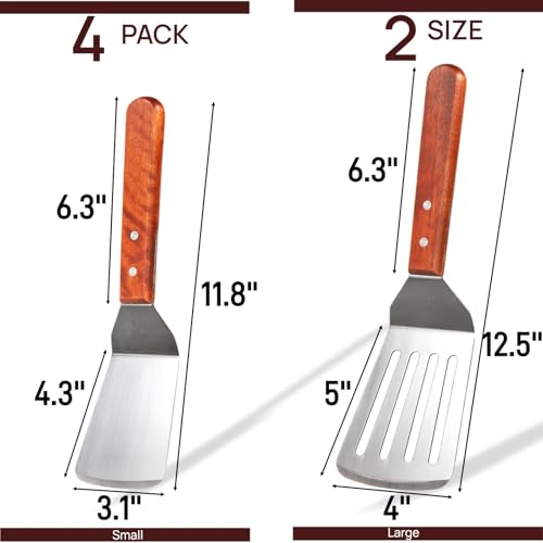 Pumtus 4 Pack Stainless Steel Spatula Set, 2 Sizes Metal Spatulas for Kitchen Use, Hevy Duty Solid & Slotted Turner with Wooden Handle, Flat Top Grill Spatula for Egg, Hamburger, Fish, Cooking, BBQ