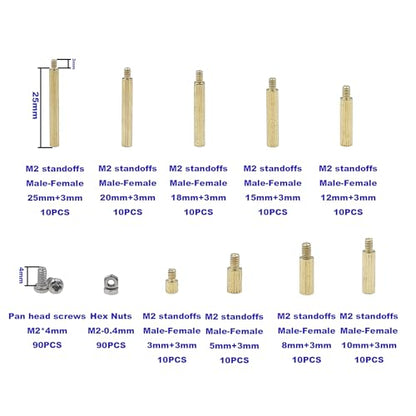 270pcs M2 Knurled Round Brass Male-Female Standoffs Screws Nuts Kit - size: 270PCS/M2(Brass)