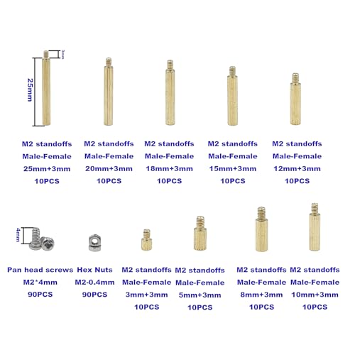 270pcs M2 Knurled Round Brass Male-Female Standoffs Screws Nuts Kit - size: 270PCS/M2(Brass)