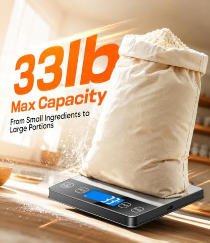 Food Scale 33 lb Capacity, Rechargeable Kitchen Scale with 7 Units
