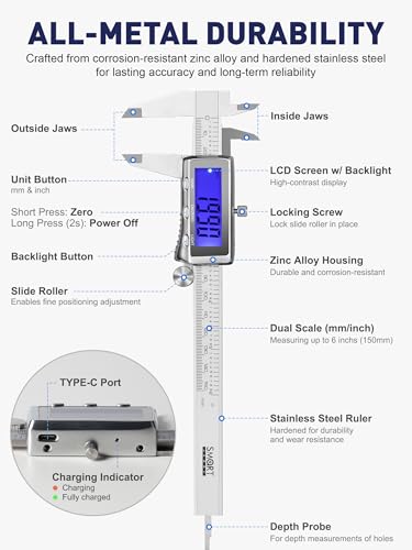 6'' Rechargeable Digital Caliper, All Metal & Long Lasting Design