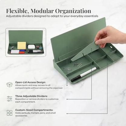 Birch Desktop Glass Whiteboard with Magnetic Weekly Calendar – Dry Erase Board, Keyboard Stand, Hidden Storage, Adjustable Dividers, 3 Markers & Eraser – Office, Home, School – Moss - style: Moss Gen2