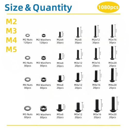 1080 Pcs M2 M3 M4 M5 Screws Assortment Kit, Metric Hex Button Head Socket Cap Screws Nuts Washers Kit with Wrench Grade 10.9 Alloy Steel, Black Zinc Plated - style: M2-M5 1080Pcs 4mm-20mm