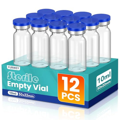 FURWEY 10ML Sterile Vials, Glass Empty Vials for Injection, 12 Pack - size: 10ML-12P