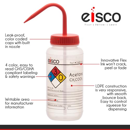 EISCO 6PK Wash Bottle for Acetone, 500ml - Labeled with Color Coded Chemical & Safety Information (4 Colors) - Wide Mouth, Self Venting, Low Density Polyethylene Labs - size: 500ml