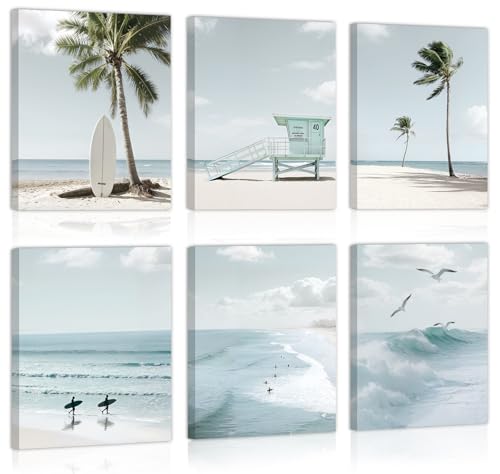 CHDITB Beach Canvas Wall Art, Coastal Palm Tree Surfboard Wall Decor, Ocean Wave Seagull Artwork, Minimalist Surfing Pictures, Tropical Beach Prints for Bathroom Living Room seaside Bedroom 8”x10”x6 - color: Ocean, size: 8x10 inches