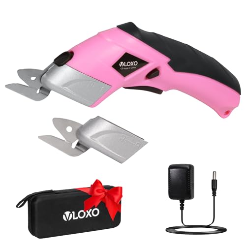 VLOXO Cordless Electric Scissors Cardboard Cutter with 2 Type Blades Rechargeable Powerful Shears Cutting Tool for Fabric Electric Box Cutter Leather Felt with Charger & Storage Box-Pink - color: Pink