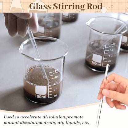 Tallew 48 Pcs 100ml Glass Beaker Set Including 12 Pcs 3.3 Borosilicate Lab Beaker, 12 Glass Stirring Rods, 12 Plastic Funnel and 12 Dropper for Lab and Perfume Making