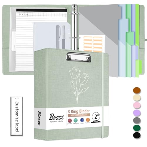 3 Ring Binder with Clipboard,2 Inch Binders with Notepad&5 Dividers with Pockets, Pen Holder, Linen Clipboards for School Office(Green Tulip, Letter Size) - color: Green Tulip, size: 2 Inch