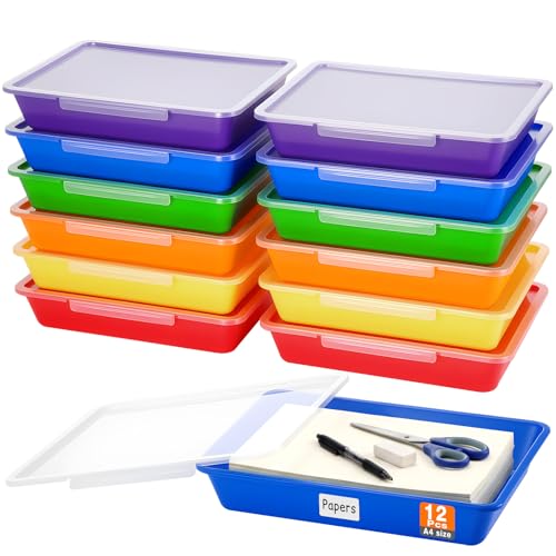 Tinlade 12 Pcs Classroom Paper Storage Bins with Lids, Rainbow, 13x10in - color: Rainbow