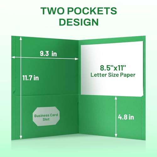 SUNEE Two Pocket Folders, 50 Pack File Folders with Business Card Slot, Textured Paper, Fit Letter Size Paper, Paper File Folder for School Office Home Business, Green - color: Green
