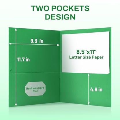 SUNEE Two Pocket Folders, 50 Pack File Folders with Business Card Slot, Textured Paper, Fit Letter Size Paper, Paper File Folder for School Office Home Business, Green - color: Green