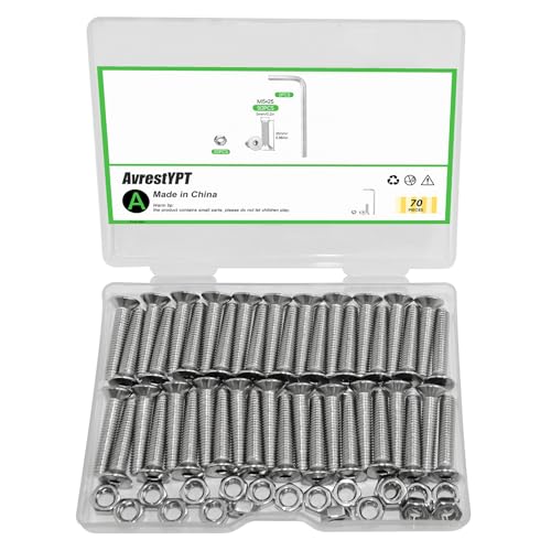 70Pcs M5x25mm Stainless Steel Screws Assortment Kit - 50 Flat Head Allen Bolts, 20 Nuts, Full Thread Countersunk Fasteners for Furniture & DIY Projects - size: M5x25mm-70Pcs