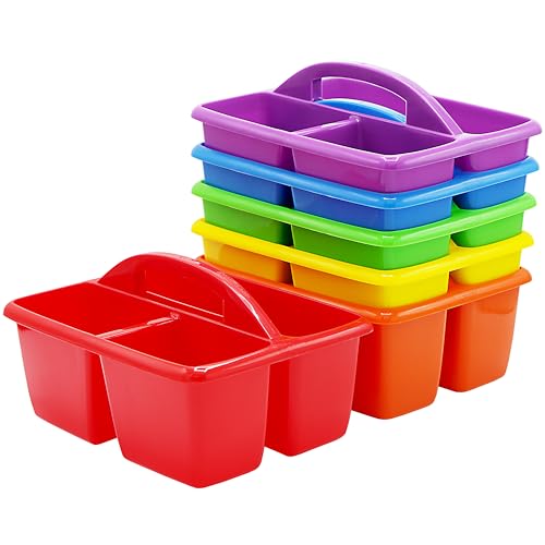 4E's Novelty Classroom Caddy Set of 6, Plastic Caddies for Supply, Caddy Organizer with Handle for Classroom, Rainbow Colors, Desk Caddies for Supplies Keep Desks and Work Stations Organized
