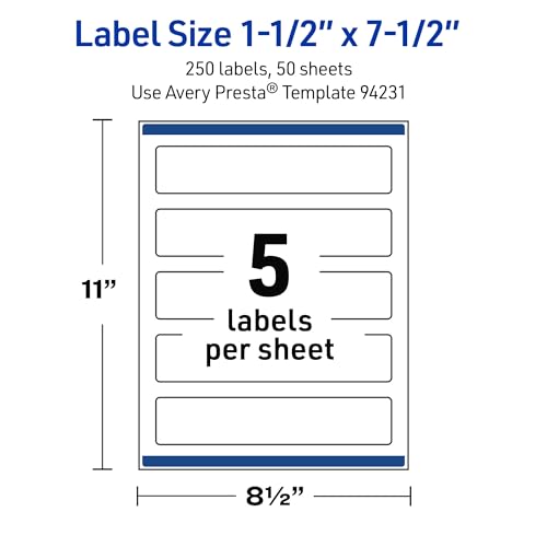 Avery Outdoor Waterproof Rectangle Labels with Sure Feed Technology, 1.5" x 7.5", White Film, Print-to-the-Edge, Compatible with Laser Printers, 250 Labels Total - style: 250 labels