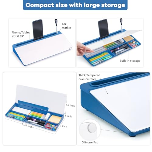 Varhomax Glass Desk Whiteboard with Storage, Desktop Organizer - color: Blue Base
