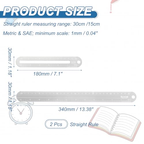 HARFINGTON 2pcs Metal Straight Ruler 12"+6" Metric SAE Silver White - color: Silver White