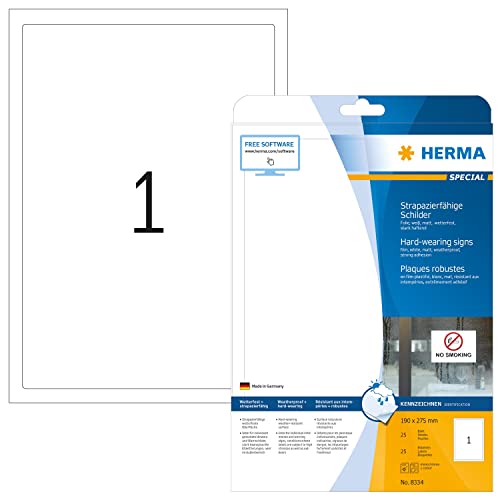 HERMA 8334 Self Adhesive Film Labels, 1 Label per A4 Sheet, 25 Sheets, 190 x 275 mm, 25 Labels, Blank Weatherproof Labels Stickers, Sticky Labels for Laser & Inkjet Printer, White - size: 190 x 275 mm, style: 25 Sheets