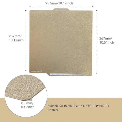 PEI Sheet Double Side Textured for Bambu Lab X1/X1C/P2S/P1P/P1S/A1 Carbon, 257x257 mm Gold Spring Steel Flexible Magnetic Build Plate, High-Temp Heated Bed Platform, 3D Printer Accessories - color: Gold