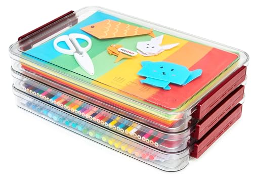 CATOOMUU 3-Pack 9x13 Shallow Flat Clear Plastic Project Case Storage Box - color: Small-Red-3-Pack