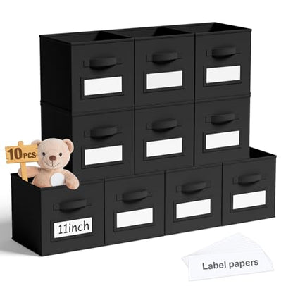 10 Pack Fabric Storage Cubes with Label 11" Collapsible Cube Bins, Black - color: Black, size: 11 Inch