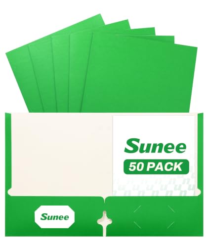 SUNEE Folders with Pockets 3 Hole Punched(50 Pack, Green), 2 Pocket Folders Fit Letter Size Paper, Paper File Folder for School Office Home Business - color: Green