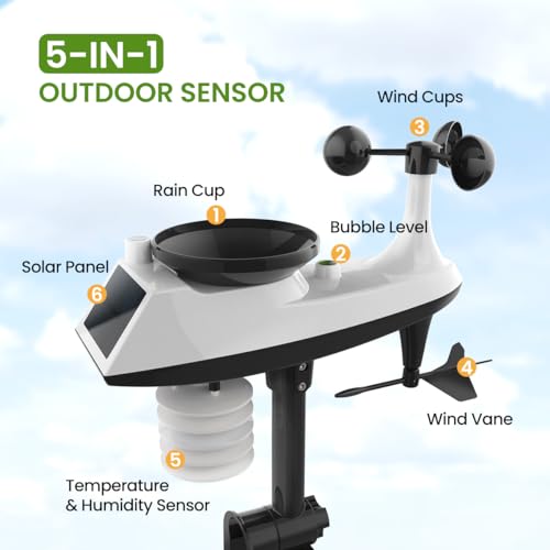 Newentor Weather Station Wireless Indoor Outdoor, Weather Stations with Rain Gauge and Wind Speed, Thermometer Weather Clock Barometers for Home, Atomic Clock with Wind Meter Sensor, Black