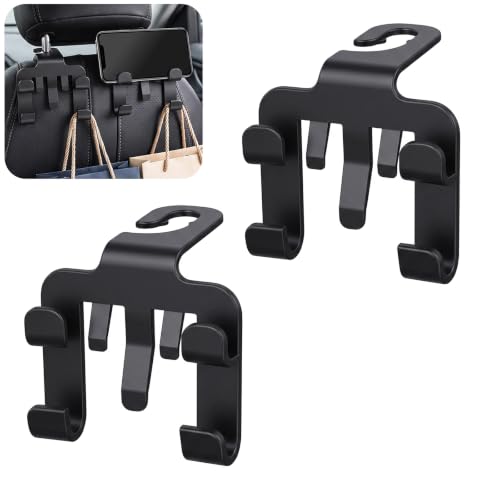 2 PCS Car Headrest Hooks, Multifunctional Heavy‑Duty Car Seat Back Hanger with Phone Holder, Auto Headrest Purse Bag Hook, Universal for Most Cars Front & Back Seats (Black)