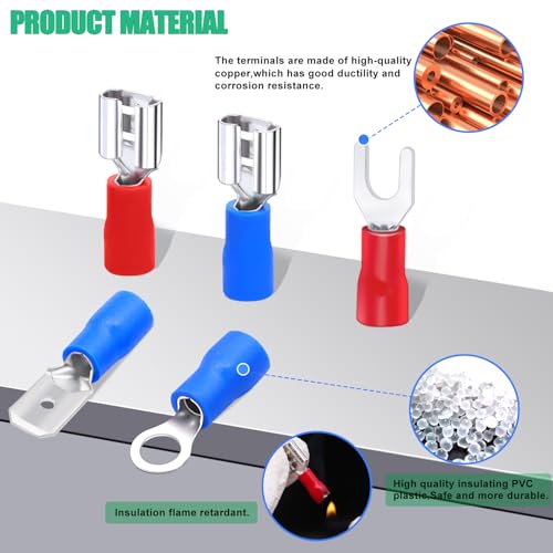 Twidec/Spade Crimp Connectors 2.8mm/4.8mm/6.3mm Male and Female Spade Connector Kit Includes Fork Ring Insulated Wire Connector 15 Types Crimp Terminals Electrical Connectors - color: 125PCS