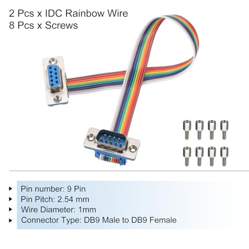 MECCANIXITY 2 Pcs IDC Rainbow Wire Flat Ribbon Cable DB9 Male to DB9 Female 8 Inch Length 2.54mm Pitch Breadboard Jumper Wires for Electronic Projects - size: 8 Inch, style: DB9 Male to DB9 Female