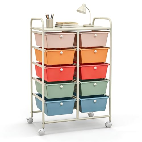 COSTWAY 10 Drawer Rolling Storage Cart, Utility Cart with Lockable Wheels - color: Macaron, size: 10 Drawer
