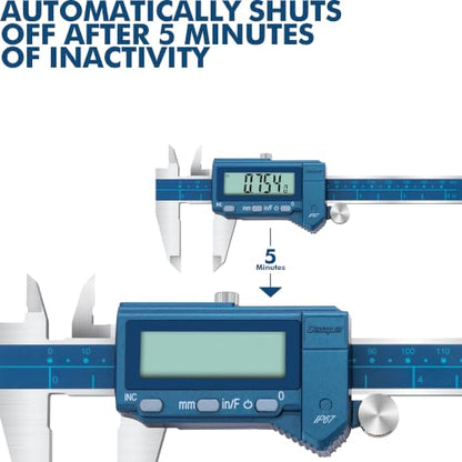 Dasqua 6”/150mm IP67 Absolute Origin Digital Caliper, Stainless Steel, Accuracy ±0.001”/0.02mm, Resolution 0.0005"/0.01mm/1/128, Water/Coolant/Dust Protection, in/mm/Fraction Conversion - color: Blue Case Cover, size: 6"/150mm