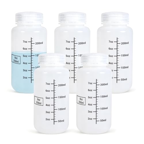 METAPACK 8 oz/250 ml Wide Mouth Plastic Bottles with Airtight Lids, Graduated Food Grade HDPE Sample Containers, Leakproof for Water, Lab Liquids, Medicine and Powder Storage, Translucent, 5 Pack - size: 8oz