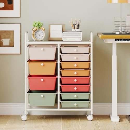 Giantex 12 Drawer Rolling Cart with Drawers, Storage Organizer Cart for Classroom Office School Teacher, Mobile Drawer Cart for Tools, Crafts, Small Printer, Macaron Multicolor - color: Macaron Multicolor, size: 12 Drawers (4 Big+8 Small)