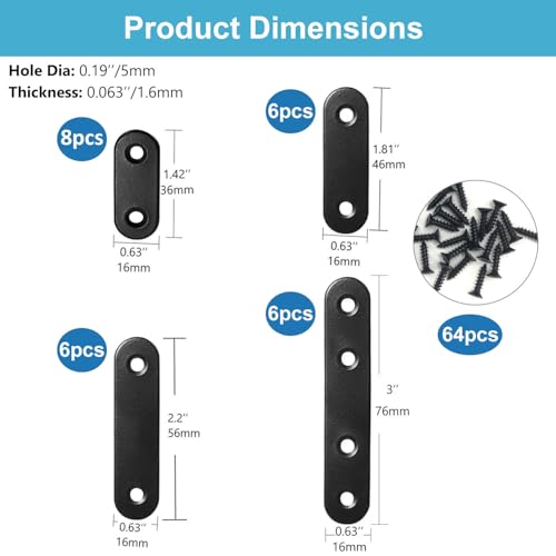 QSJ 26 Sets Flat Plate Straight Bracket Flat Brace Bracket Stainless Steel, 36mm/46mm/56mm/76mm Wood Brackets Mending Repair Plate Brace - size: 1.42/1.81/2.2/3 inches