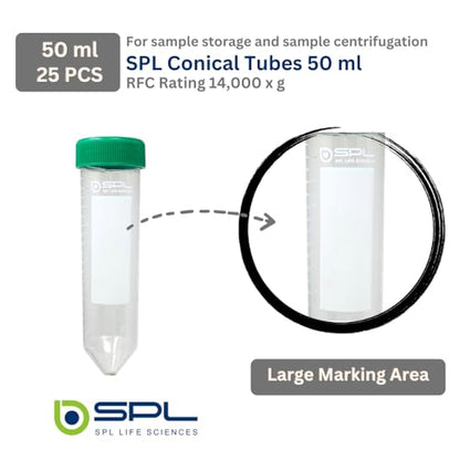 SPL 50ml Conical Centrifuge Tube Polypropylene Screw Cap, Sterile Non - pyrogenic, Non - cytotoxic, DNase/RNase - Free, Human DNA - Free Resealable Bags (25 Tubes) - size: 25 Tubes