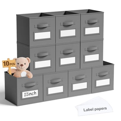 10 Pack Fabric Storage Cubes with Label 11" Collapsible Cube Bins, Gray - color: Gray, size: 11 Inch