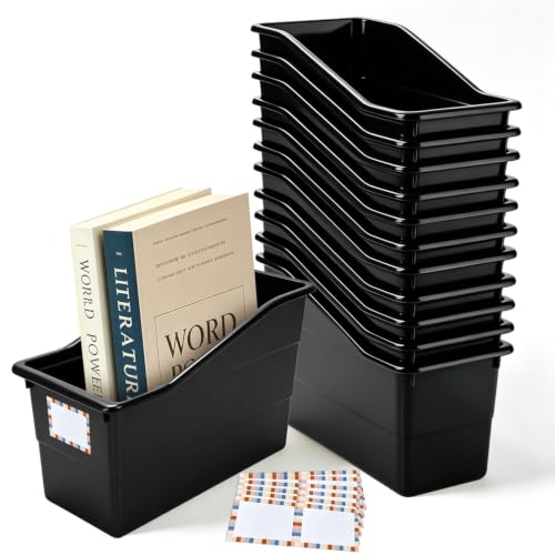12 Pack Book Bins for Classroom Stackable Plastic Storage with Labels - color: Black