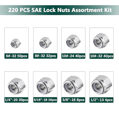SAE Lock Nuts Assortment Kit, 220PCS Nylon Insert Lock Nut Sets - color: SAE 220PCS