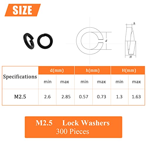 HELIFOUNER 300 Pieces 8.8 Grade Alloy Steel M2.5 Split Lock Washers, Spring Lock Washers for Screws Bolts, Black - color: Black, size: M2.5 (300 PCS)