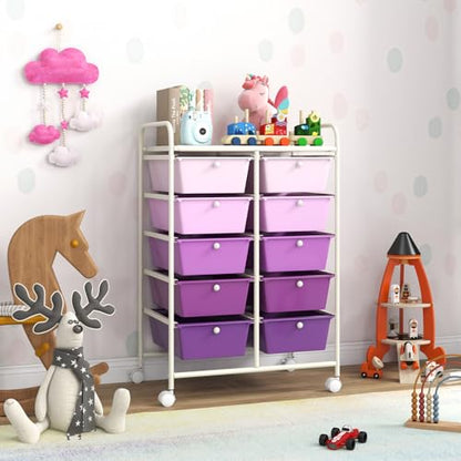 COSTWAY 10 Drawer Rolling Storage Cart, Utility Cart with Lockable Wheels - color: Purple Gradient, size: 10 Drawer