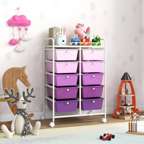 COSTWAY 10 Drawer Rolling Storage Cart, Utility Cart with Lockable Wheels - color: Purple Gradient, size: 10 Drawer