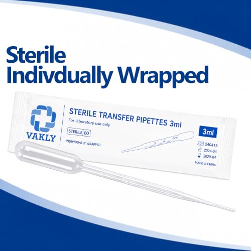 Vakly Sterile Transfer Pipettes 3 mL Individually Wrapped Disposable (25)