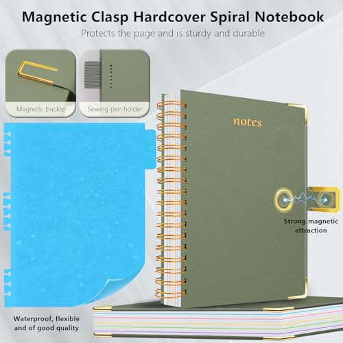Hardcover Spiral Notebook College Ruled, 6.2"x 8.2" Leather Journal Notebook with Magnetic Closure, 300 Pages 5 Subject Notebook with Dividers Tabs Journal for Women Men, Work, School(Sage Green) - color: Sage Green, size: A5-6.2"x8.2"