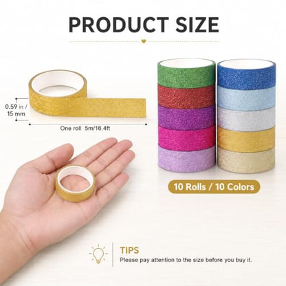 10 Rolls Glitter Washi Tape Set, 15mm Colored Masking Tape Sparkle Tapes