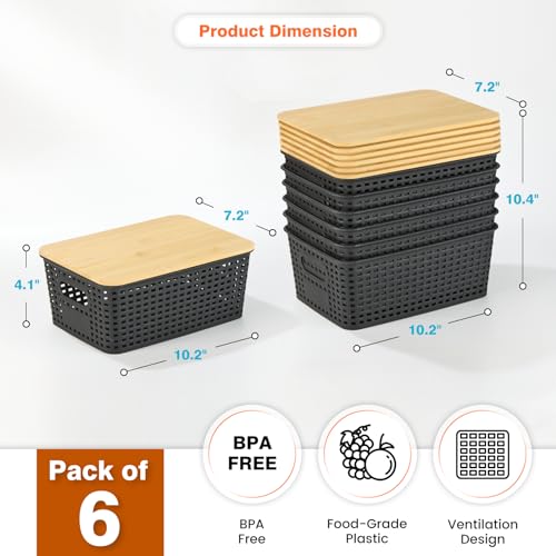 Ohmlove 6 Pack Plastic Storage Baskets with Bamboo Lids for Organization - color: Black